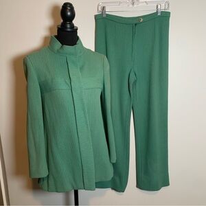 Vintage 60s 70s Mod Ribbed Knit Jacket & Pants Set | Green | Small - Medium
